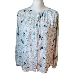 Old Navy Blue White Floral Button Front Long Sleeve Peasant Flowy Blouse Size L